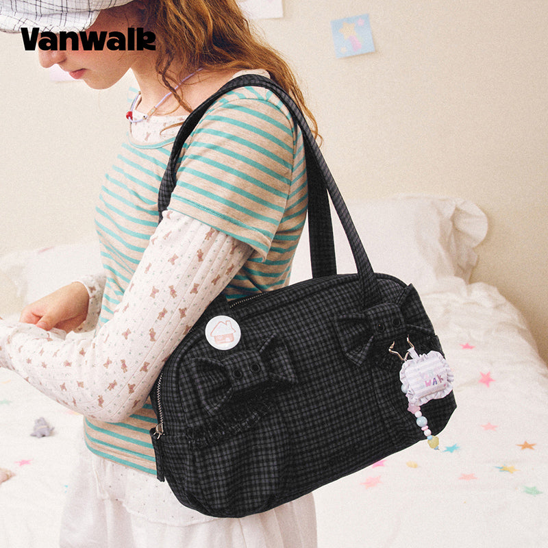 VANWALK Cocoa Pie Series Double Bow Design Underarm Bowler Soft Canvas Bags Shoulder Bag V3110
