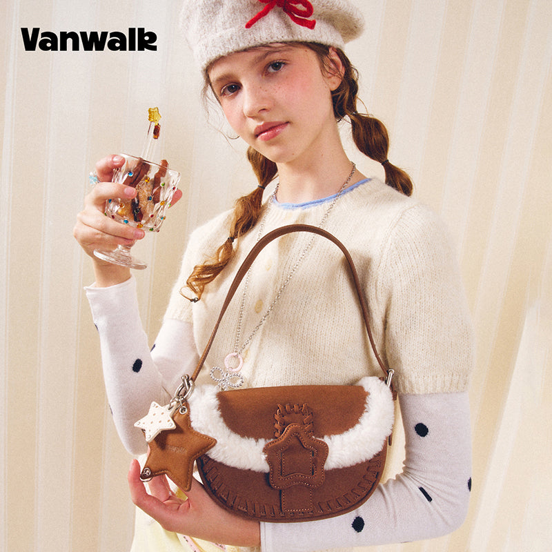 VANWALK COCOA PIE Series Classic Fuzzy Plush Original Design Shoulder Bag V3094