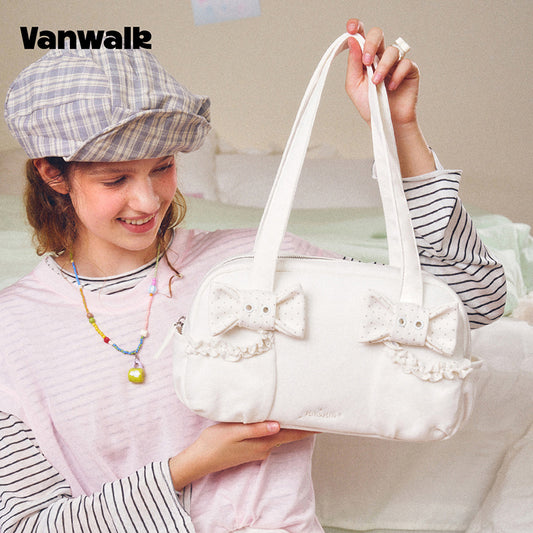 VANWALK Cocoa Pie Series Double Bow Design Underarm Bowler Soft Canvas Bags Shoulder Bag V3110