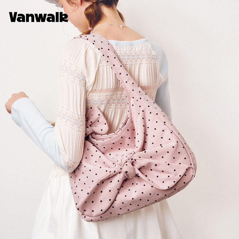 VANWALK Cocoa Pie Series Coquette Big Bow Polka Dot Shoulder Hobo Bag V3107
